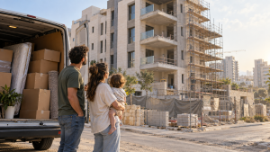 משפחה עם רכב הובלה עמוס ארגזים מול בניין חדש בשלבי סיום בנייה