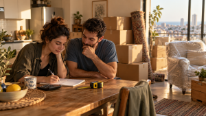זוג מתכנן עלויות אחסון תכולת דירה ליד שולחן, מאחוריהם ארגזי הובלה ארוזים